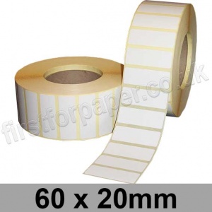 White Semi-Gloss, Self Adhesive Labels, 60 x 20mm, Permanent Adhesive - Roll of 5,000