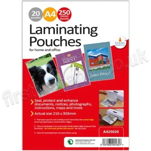 Gloss, High grade durable laminating pouches, A4 size, 250 micron (2 x 125) - pack of 20