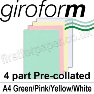 Giroform Carbonless NCR, 4 part pre-collated, A4, Green/Pink/Yellow/White - 125 Sets