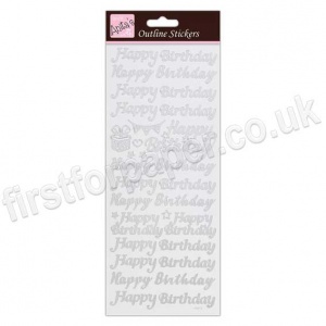 Anita's Peel Off Outline Stickers, Happy Birthday - Silver on White