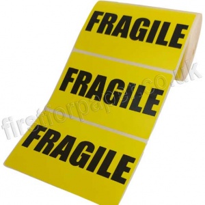 Fragile, Yellow Labels, 101.6 x 63.5mm - Roll of 500