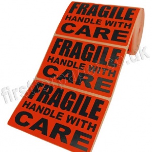 Fragile Handle With Care, Red Labels, 101.6 x 63.5mm - Roll of 500