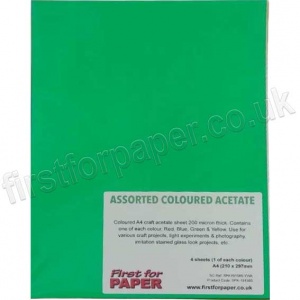 Assorted Coloured Acetate Sheets, 200mic, A4 - 4 sheets, 1 of each colour