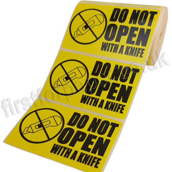 Do Not Open With a Knife, Yellow Labels, 101.6 x 63.5mm Roll of 500