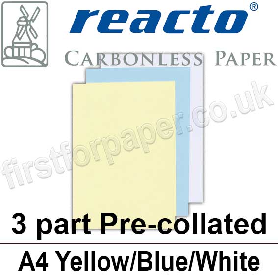 Reacto Carbonless NCR, 3 part precollated, A4, Yellow/Blue/White 167